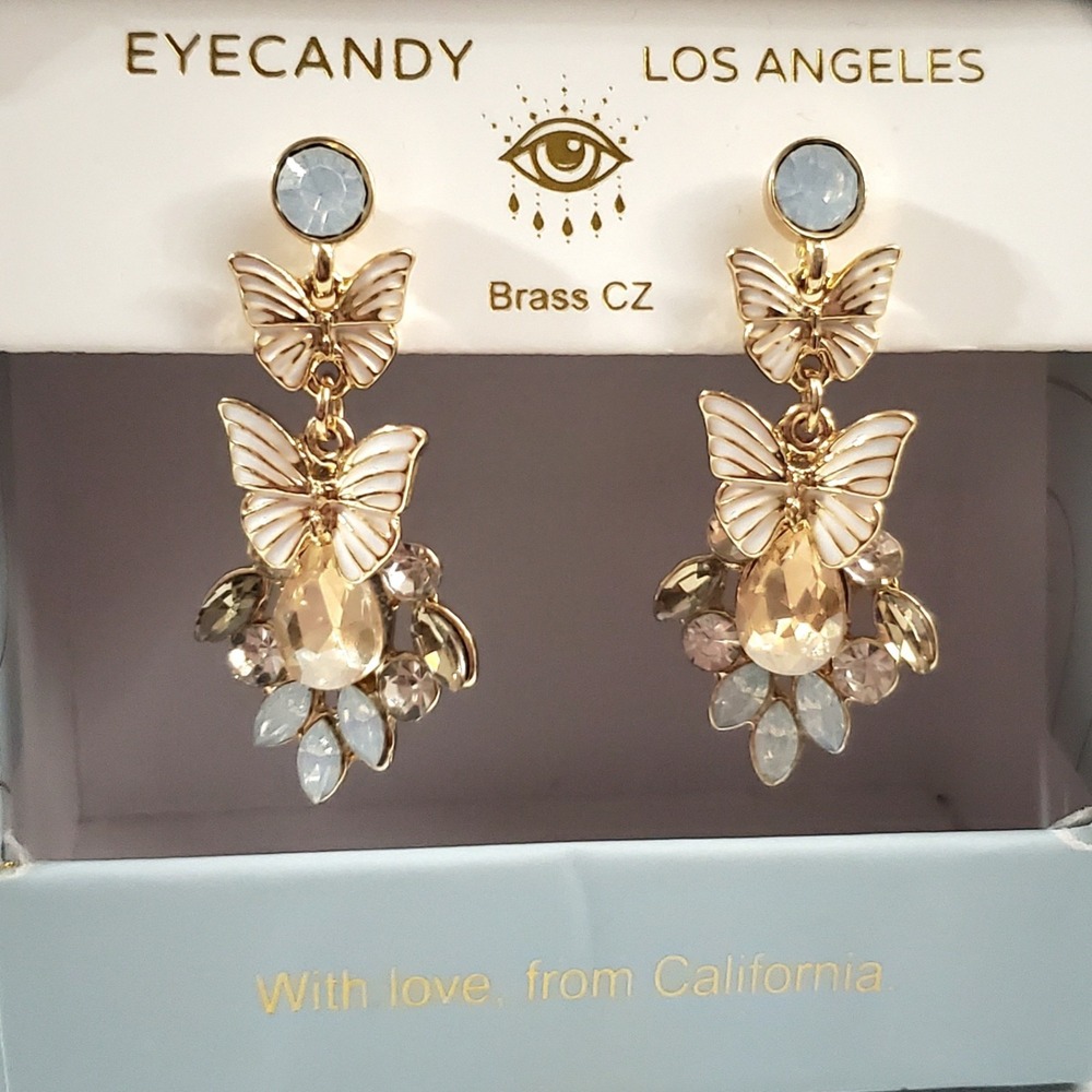 CZ Butterfly Dangle Earrings Los Angeles Eye Candy Moving Bling Sparkle